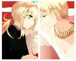  1girl alcohol artist_request artoria_pendragon_(all) blonde_hair cup drinking_glass fate/zero fate_(series) gilgamesh green_eyes jewelry long_hair necklace necktie ponytail red_eyes saber wine wine_glass 