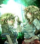  bamboo_shoot blonde_hair blush green_eyes highres horn hoshiguma_yuugi long_hair midriff mizuhashi_parsee multiple_girls navel pointy_ears red_eyes ryuuichi_(f_dragon) short_hair touhou upper_body very_long_hair wince 