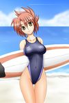  beach breasts brown_hair competition_swimsuit covered_nipples fuuma_nagi highleg highleg_swimsuit large_breasts legs lyrical_nanoha mahou_shoujo_lyrical_nanoha_strikers numbers_(nanoha) one-piece_swimsuit short_hair solo surfboard swimsuit thigh_gap thighs wendi_(nanoha) yellow_eyes 