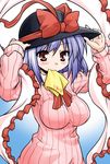  akou_roushi alternate_costume blue_hair bow breasts character_name frills handkerchief hands_on_headwear hat hat_bow large_breasts mouth_hold nagae_iku red_eyes ribbed_sweater shawl short_hair simple_background solo sweater touhou 