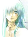  blue_eyes blue_hair character_name hair_down hair_over_one_eye hatsune_miku long_hair looking_at_viewer neck_ribbon ribbon smile solo tolute typo vocaloid 