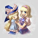  alice_margatroid alternate_costume blonde_hair blue_dress blue_eyes blush braid capelet dress hair_ribbon hairband hat hat_ribbon highres kirisame_marisa long_hair magic_circle multiple_girls one_eye_closed open_mouth ribbon short_hair smile touhou umigarasu_(kitsune1963) witch_hat yellow_eyes 