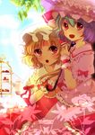  ascot blonde_hair blue_hair blue_sky blush cake day flandre_scarlet food hand_on_own_chest hat hat_ribbon multiple_girls open_mouth parasol red_eyes remilia_scarlet ribbon shirt siblings sisters skirt skirt_set sky smile teapot touhou umbrella wrist_cuffs yrzirst 