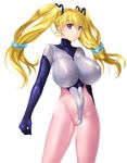  akai_ibara arm_behind_back bangs blonde_hair bodysuit breasts cohagen_nanaho covered_navel covered_nipples cowboy_shot hair_between_eyes hair_ornament hair_ribbon huge_breasts impossible_clothes light_smile long_hair looking_at_viewer low-tied_long_hair official_art pink_eyes puffy_nipples ribbon shiny shiny_clothes simple_background skin_tight smile solo standing turtleneck twintails white_background zundarepon 