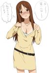  a1 belt blush breasts brown_eyes brown_hair cleavage dress glasses jewelry k-on! large_breasts long_hair necklace off_shoulder solo sweatdrop sweater sweater_dress tan tanline translated yamanaka_sawako 