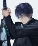  ao_no_exorcist blue_eyes blue_hair highres katana long_sleeves male_focus noako okumura_rin pointy_ears simple_background solo sword weapon 