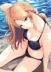  1girl bikini breasts brown_eyes brown_hair cleavage long_hair looking_at_viewer medium_breasts mugino_shizuri navel sitting solo swimsuit to_aru_kagaku_no_railgun to_aru_majutsu_no_index 