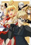 ahoge artoria_pendragon_(all) blonde_hair fate/extra fate/stay_night fate/tiger_colosseum fate/unlimited_codes fate/zero fate_(series) food formal green_eyes hamburger intes long_hair microphone multiple_girls multiple_persona nero_claudius_(fate) nero_claudius_(fate)_(all) ponytail saber saber_alter saber_lily saber_lion seikan_hikou suit sunglasses vest waistcoat white_hair yellow_eyes 