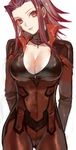  arms_behind_back bad_id bad_pixiv_id biker_clothes bikesuit blue_eyes breasts choker cleavage forehead head_tilt izayoi_aki large_breasts looking_at_viewer navel popompon red_hair skin_tight solo yuu-gi-ou yuu-gi-ou_5d's zipper 