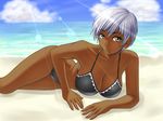  210ten beach bikini black_bikini breasts cleavage dark_skin day hanging_breasts large_breasts lens_flare lying ocean on_side recolored silver_hair solo swimsuit third-party_edit umineko_no_naku_koro_ni ushiromiya_kyrie yellow_eyes 