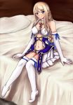  agrias_oaks bed blonde_hair blue_eyes blush bow braid choker elbow_gloves final_fantasy final_fantasy_tactics gloves hair_bow hozenkakari jewelry long_hair necklace pillow pleated_skirt single_braid skirt smile thighhighs 