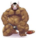 2018 4_toes 5_fingers anthro beard black_hair blush bovine brown_fur bulge cattle clothed clothing facial_hair fur hair horn jockstrap kneeling kumagaya_shin looking_at_viewer male mammal muscular muscular_male navel nipples partially_clothed penis_shaped_bulge pubes solo toes topless underwear yellow_eyes 
