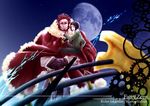  beard black_hair carrying chariot electricity facial_hair fate/zero fate_(series) gears gibbous_moon hazuki_ayumu male_focus moon multiple_boys night night_sky red_hair reins rider_(fate/zero) size_difference sky vambraces waver_velvet 