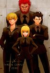  3boys ahoge artoria_pendragon_(all) beard black_hair blonde_hair crossed_arms facial_hair fate/zero fate_(series) formal gilgamesh green_eyes hands_on_hips highres jewelry lancer_(fate/zero) long_hair mole mole_under_eye multiple_boys necklace necktie non-web_source pant_suit ponytail red_eyes red_hair rider_(fate/zero) saber shirotsumekusa short_hair suit yellow_eyes 