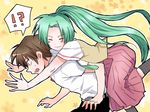  1boy 1girl brown_hair green_hair green_neckwear higurashi_no_naku_koro_ni hug long_hair maebara_keiichi necktie ponytail school_uniform short_hair sonozaki_mion surprised yuumare 