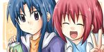  blue_hair can closed_eyes hood hoodie kawashima_ami kushieda_minori long_hair multiple_girls purple_eyes red_hair short_hair soda_can toradora! v youyan 