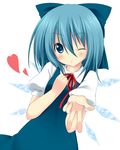  bad_id bad_pixiv_id blown_kiss blue_dress blue_eyes blue_hair blush bow cirno dress hair_bow hand_on_own_chest heart looking_at_viewer one_eye_closed oniku_(shimofuri-ke) outstretched_hand shirt short_hair simple_background solo touhou upper_body white_background wings 