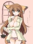  animal_ears bad_id bad_pixiv_id blush breasts brown_hair cat_ears endou_chihiro finger_to_mouth large_breasts long_hair milk_carton no_bra open_clothes open_shirt original panties shirt solo tail underwear very_long_hair 