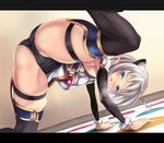  animal_ears ass bad_id bad_pixiv_id black_legwear blush fukai_ryousuke looking_at_viewer open_mouth original pointy_ears short_hair silver_hair solo spread_legs sweat thighhighs twister 