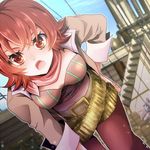  bad_id bad_pixiv_id breasts cartridge fang flipped_hair iria_animi large_breasts leaning_forward lowres pants pasta_(suzukov) red_eyes red_hair scarf short_hair solo tales_of_(series) tales_of_innocence very_short_hair 