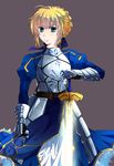  ahoge aqua_eyes armor armored_dress artoria_pendragon_(all) blonde_hair dress excalibur falter0814 fate/stay_night fate_(series) faulds gauntlets hair_ribbon juliet_sleeves long_sleeves puffy_sleeves ribbon saber solo 
