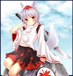  animal_ears blush brown_eyes detached_sleeves hat highres inubashiri_momiji monchi_(kashiwa2519) navel over_shoulder pom_pom_(clothes) rock shield sitting smile solo sword tail tassel tokin_hat touhou weapon wolf_ears wolf_tail 