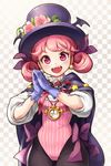  black_legwear cape checkered checkered_background comet_(teamon) crescent_conundrum fangs flower gloves hands_together hat looking_at_viewer open_mouth own_hands_together pantyhose pink_eyes pink_flower pink_hair pink_rose pocket_watch rose smile solo star sword_girls watch 