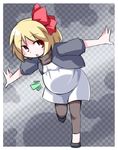  blonde_hair blush bow commentary_request dress hair_bow jacket kugelschreiber leaning_forward looking_at_viewer open_mouth outstretched_arms pantyhose pregnant red_eyes rumia running shoes socks solo touhou 