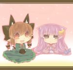  animal_ears blush bow braid capelet cat_ears cat_tail catchouli chibi crescent crescent_hair_ornament dress extra_ears fang green_dress grey_eyes hair_bow hair_ornament hair_ribbon hazuki_ruu highres kaenbyou_rin kemonomimi_mode letterboxed long_hair multiple_girls multiple_tails nekomata no_hat no_headwear o3o open_mouth patchouli_knowledge pointy_ears purple_dress purple_hair red_eyes red_hair reiuji_utsuho reiuji_utsuho_(bird) ribbon sitting sitting_on_lap sitting_on_person smile tail third_eye touhou twin_braids 