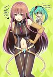  angry aqua_eyes aqua_hair belt bodysuit elbow_gloves gloves hatsune_miku hatsune_miku_(append) long_hair looking_at_viewer megurine_luka multiple_girls navel pink_hair smile starcrown translated vocaloid vocaloid_append 