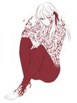  bad_id bad_pixiv_id barefoot cocopps dark_sakura fate/stay_night fate_(series) fire hair_ribbon long_hair matou_sakura monochrome red red_eyes ribbon sitting smile solo spot_color tattoo white_hair 