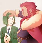  armor beard bob_cut cape facial_hair fate/zero fate_(series) green_eyes green_hair male_focus multiple_boys necktie petting red_eyes red_hair rider_(fate/zero) size_difference smile taa_(acid) vambraces waver_velvet 