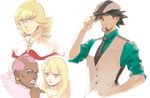  3boys adjusting_clothes adjusting_hat barnaby_brooks_jr blonde_hair brown_eyes brown_hair cabbie_hat dark_skin facial_hair glasses green_eyes hat kaburagi_t_kotetsu karina_lyle long_hair multiple_boys nathan_seymour necktie pink_eyes pink_hair stubble taa_(acid) tiger_&amp;_bunny upper_body vest waistcoat 