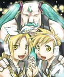  :d ^_^ ahoge alex_louis_armstrong alphonse_elric alternate_hair_color aqua_hair blonde_hair closed_eyes cosplay edward_elric facial_hair fullmetal_alchemist hatsune_miku hatsune_miku_(cosplay) headphones kagamine_len kagamine_len_(cosplay) kagamine_rin kagamine_rin_(cosplay) male_focus multiple_boys mustache nenone_miya open_mouth smile twintails vocaloid yellow_eyes 