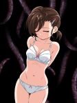  1girl arms_behind_back bow bow_bra bow_panties bra breasts brown_hair closed_mouth collarbone commentary_request cowboy_shot dutch_angle eyes_closed facing_viewer gegege_no_kitarou hair_ornament hairclip head_tilt inferno_(nanbu14) inuyama_mana lace lace-trimmed_bra lips medium_breasts navel panties short_hair short_ponytail skindentation solo tentacle thighs underwear white_bra white_panties 