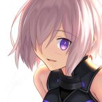  1girl armored_leotard ashiwara_yuu backlighting bangs bare_shoulders black_leotard blush eyebrows_visible_through_hair fate/grand_order fate_(series) hair_over_one_eye leotard looking_at_viewer mash_kyrielight parted_lips pink_hair purple_eyes short_hair signature simple_background smile solo upper_body white_background 