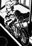  brough_superior engine fur_hat goggles goggles_on_headwear greyscale ground_vehicle hat hermes highres kino kino_no_tabi manhole monochrome motor_vehicle motorcycle muku_(muku-coffee) pole reverse_trap short_hair sidewalk sitting smile 