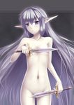  agarest_senki agarest_senki_(series) breasts covering covering_crotch covering_nipples dagger elf fyuria_(agarest_senki) groin highres long_hair long_pointy_ears navel nude pointy_ears purple_eyes ricegnat silver_hair small_breasts solo very_long_hair weapon 