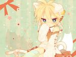  ahoge animal_costume animal_ears bad_id bad_pixiv_id bell biting biting_clothes blonde_hair blue_eyes blush buttons cat_costume cat_ears cat_tail detached_collar detached_sleeves fang heart highres kagamine_len kneehighs looking_at_viewer male_focus otoko_no_ko ribbon solo striped striped_legwear tail touyama_soboro vocaloid 