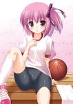  basketball bike_shorts blush gym_uniform minato_tomoka purple_eyes purple_hair ribbon rou-kyuu-bu! short_hair shorts side_ponytail sitting solo suzumiya_kazuki 