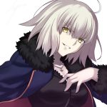  1girl ahoge ashiwara_yuu bangs black_dress blue_jacket breasts brown_eyes dress eyebrows_visible_through_hair fate/grand_order fate_(series) fingernails fur-trimmed_jacket fur_trim grey_hair hair_between_eyes hand_up head_tilt jacket jeanne_d&#039;arc_(alter)_(fate) jeanne_d&#039;arc_(fate)_(all) jewelry looking_at_viewer medium_breasts open_clothes open_jacket parted_lips pendant simple_background solo upper_body v-shaped_eyebrows white_background wicked_dragon_witch_ver._shinjuku_1999 