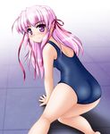  all_fours ass blush estel_freesia from_behind hair_ribbon long_hair looking_back neopure one-piece_swimsuit pink_hair purple_eyes ribbon school_swimsuit solo swimsuit yoake_mae_yori_ruri_iro_na 