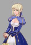  ahoge artoria_pendragon_(all) blonde_hair cleavage_cutout dress excalibur fate/stay_night fate_(series) green_eyes hair_ribbon hands_on_hilt juliet_sleeves long_sleeves puffy_sleeves ribbon saber shirotsumekusa simple_background smile solo sword weapon 
