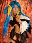  arc_system_works blue_hair boots breasts cosplay dizzy garters guilty_gear kabura_hitori_(model) midriff photo thigh-highs thighhighs twintails under_boob underboob 