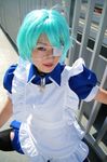  asahina_komugi blue_hair cosplay eyepatch highres ikkitousen maid maid_apron maid_uniform photo ryomou_shimei ryomou_shimei_(cosplay) thigh-highs thighhighs 