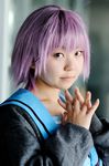  cardigan cosplay maisaki_ririka_(model) nagato_yuki photo purple_hair sailor sailor_uniform school_uniform serafuku suzumiya_haruhi_no_yuuutsu 