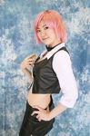  cosplay dealer highres leather midriff miniskirt pachi-slot_sengen_rio_de_carnival photo pink_hair skirt vest yun_(model) 