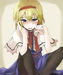  alice_margatroid bangs black_legwear blonde_hair blue_dress blue_eyes blush capelet crying crying_with_eyes_open dress head_in_hand indian_style leaning_forward looking_at_viewer mochiki necktie nose_blush oekaki pantyhose sash sitting solo streaming_tears tears touhou white_capelet wiping_tears 