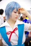  ayanami_rei blue_hair cosplay highres kanata_(model) neon_genesis_evangelion photo red_eyes school_uniform serafuku suspenders 