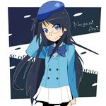  adjusting_hair b.a.b.e.l._uniform beret blue_eyes blue_hair bow hat long_hair naosuke_(morioka_shachuu) nogami_aoi school_uniform skirt smile solo very_long_hair zettai_karen_children 